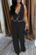 Black Casual Solid Color Buttons Contrast V Neck Sleeveless Two Pieces