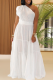 White Casual Solid Color Ruched Oblique Collar Long Dresses