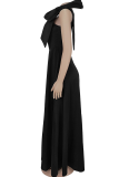 Black Prom Elegant Solid Color Bow Decor Oblique Collar Evening Dresses