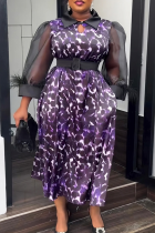 Purple Casual Leopard Print Feathers With Belt Turndown Collar Long Plus Size Dresses