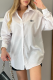 White Casual Letters Embroidered Buckle Shirt Collar Tops