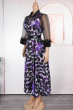 Green Casual Leopard Print Feathers With Belt Turndown Collar Long Plus Size Dresses