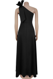 Black Prom Elegant Solid Color Bow Decor Oblique Collar Evening Dresses