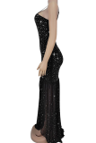 Black Sexy Solid Color Sequins Slit Spaghetti Strap Irregular Dresses
