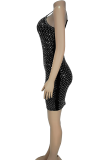 Black Sexy Solid Color Hot Drill Spaghetti Strap Wrapped Skirt Dresses