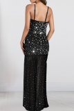 Black Sexy Solid Color Sequins Slit Spaghetti Strap Irregular Dresses