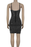 Black Sexy Solid Color Hot Drill Spaghetti Strap Wrapped Skirt Dresses
