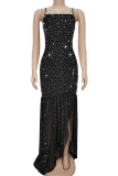 Black Sexy Solid Color Sequins Slit Spaghetti Strap Irregular Dresses