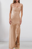 Black Sexy Solid Color Sequins Slit Spaghetti Strap Irregular Dresses
