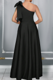 Black Prom Elegant Solid Color Bow Decor Oblique Collar Evening Dresses