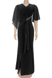 Black Elegant Solid Color Slit V Neck Long Dresses