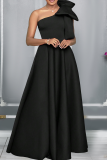 Black Prom Elegant Solid Color Bow Decor Oblique Collar Evening Dresses