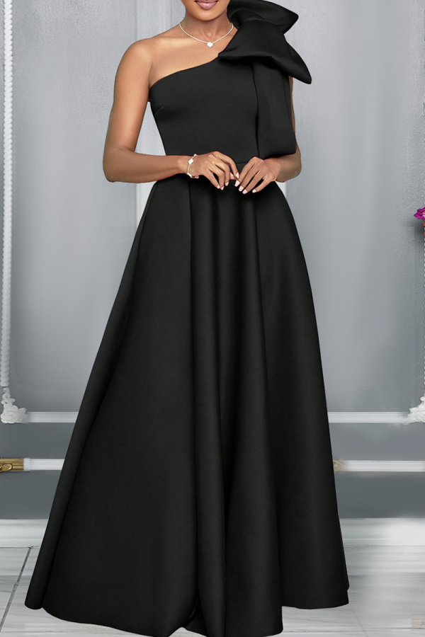 Black Prom Elegant Solid Color Bow Decor Oblique Collar Evening Dresses