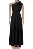 Black Prom Elegant Solid Color Bow Decor Oblique Collar Evening Dresses