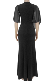 Black Elegant Solid Color Slit V Neck Long Dresses