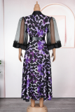 Green Casual Leopard Print Feathers With Belt Turndown Collar Long Plus Size Dresses