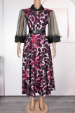 Green Casual Leopard Print Feathers With Belt Turndown Collar Long Plus Size Dresses