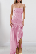 Pink Sexy Solid Color Sequins Slit Spaghetti Strap Irregular Dresses