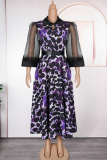 Green Casual Leopard Print Feathers With Belt Turndown Collar Long Plus Size Dresses