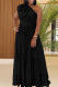 Black Casual Solid Color Ruched Oblique Collar Long Dresses