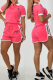 Pink Casual Letters Draw String Contrast Turndown Collar Short Sleeve Two Pieces