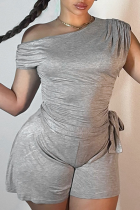 Grey Sexy Solid Color Strap Design Oblique Collar Skinny Rompers