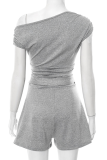 Grey Sexy Solid Color Strap Design Oblique Collar Skinny Rompers