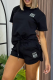 Black Casual Letters Embroidered Draw String O Neck Short Sleeve Two Pieces