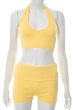 Yellow Sexy Solid Color Backless Halter Sleeveless Two Pieces