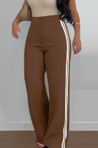 Coffee Casual Stripe Contrast Loose Mid Waist Conventional Patchwork Bottoms