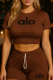 Brown Casual Letters Draw String O Neck Short Sleeve Two Pieces