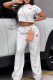 White Casual Letters Patchwork O Neck Short Sleeve Two Pieces