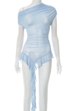 Blue Sexy Solid Color See-Through Irregular Oblique Collar T-Shirts