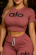 Pink Casual Letters Draw String O Neck Short Sleeve Two Pieces