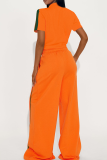 Tangerine Red Casual Solid Color Buckle Zipper Contrast Zipper Collar Long Sleeve Two Pieces