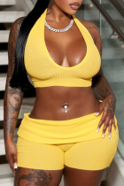 Yellow Sexy Solid Color Backless Halter Sleeveless Two Pieces