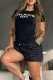 Black Casual Letters Draw String O Neck Short Sleeve Two Pieces