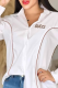 White Casual Letters Embroidered Buckle Turndown Collar Tops