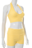 Yellow Sexy Solid Color Backless Halter Sleeveless Two Pieces