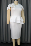 White Elegant Solid Color Ruffle Flower Shape O Neck Wrapped Skirt Dresses