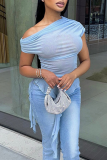 Blue Sexy Solid Color See-Through Irregular Oblique Collar T-Shirts