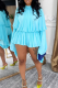 Lake Blue Elegant Solid Color Flounce Turtleneck Long Sleeve Two Pieces