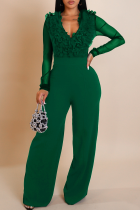 Green Casual Solid Color Stringy Selvedge V Neck Bodycon Jumpsuits