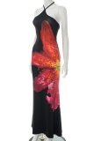 Black Sexy Print Backless Halter Long Dresses