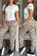 White Casual Letters Contrast O Neck Short Sleeve Two Pieces