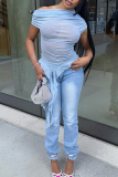 Blue Sexy Solid Color See-Through Irregular Oblique Collar T-Shirts