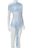 Blue Sexy Solid Color See-Through Irregular Oblique Collar T-Shirts