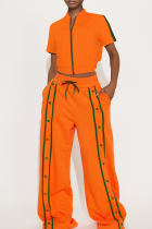 Tangerine Red Casual Solid Color Buckle Zipper Contrast Zipper Collar Long Sleeve Two Pieces