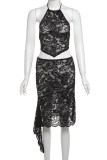 Black Sexy Solid Color Lace Backless Irregular Halter Sleeveless Two Pieces