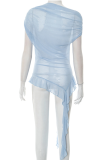Blue Sexy Solid Color See-Through Irregular Oblique Collar T-Shirts